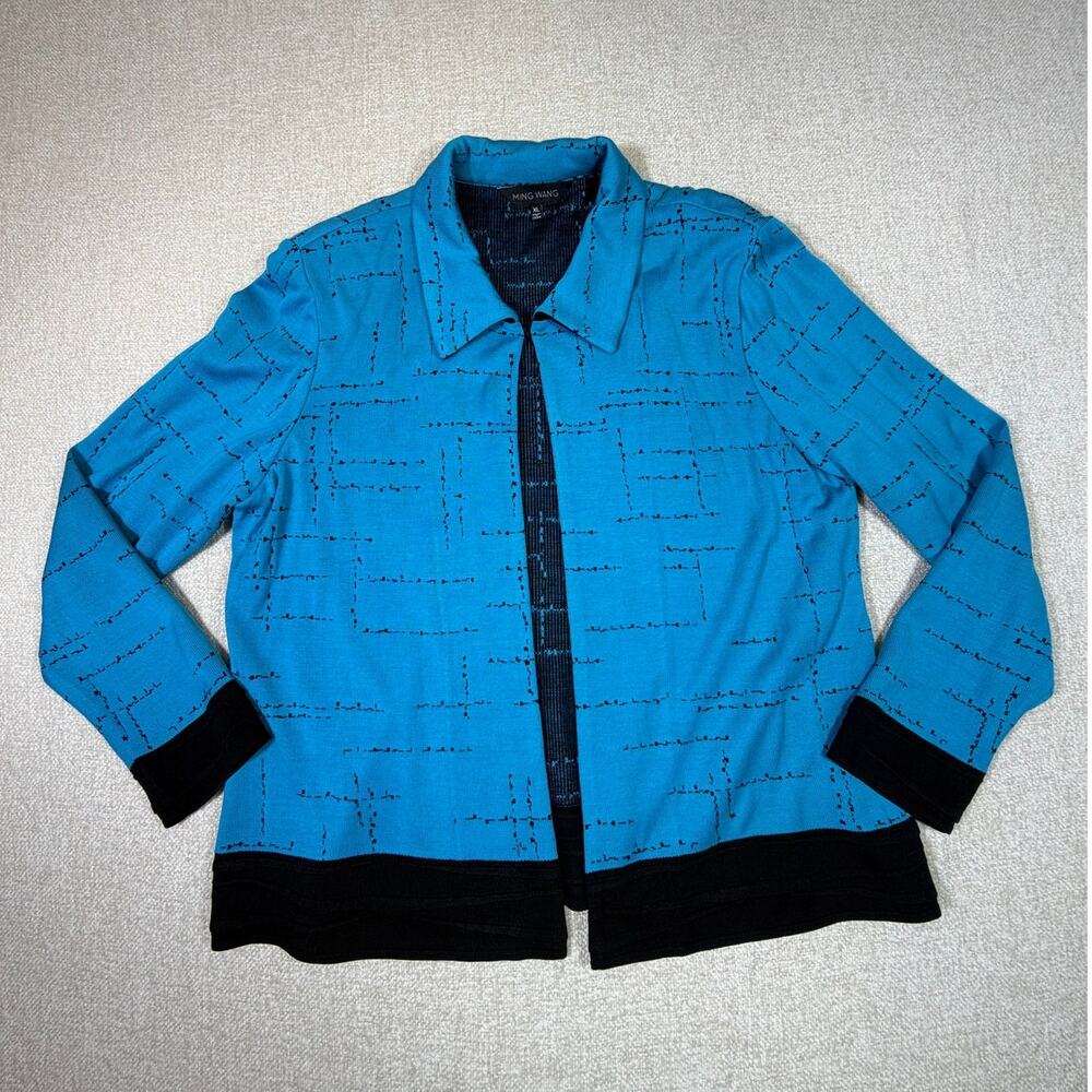 Ming Wang Women XL  Blue Black Long Sleeve Open Front Knit Cardigan Jacket